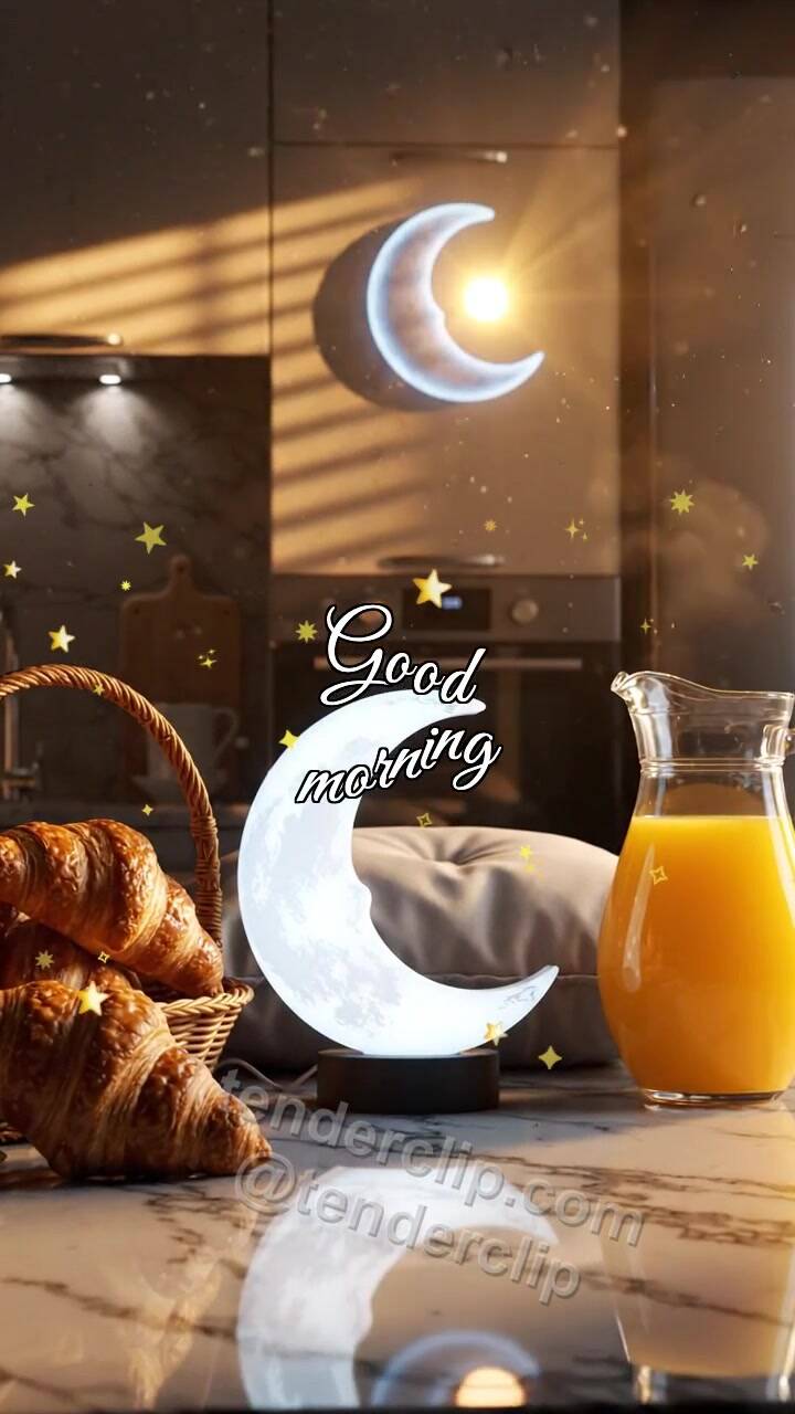 Animated greeting card about Good morning: moon nightlight turns off