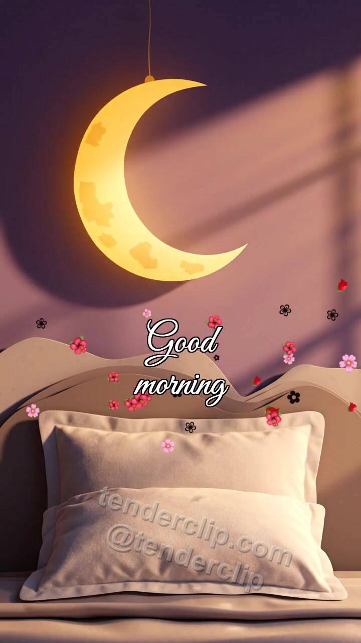 Animated greeting card about Good morning: moon nightlight turns off