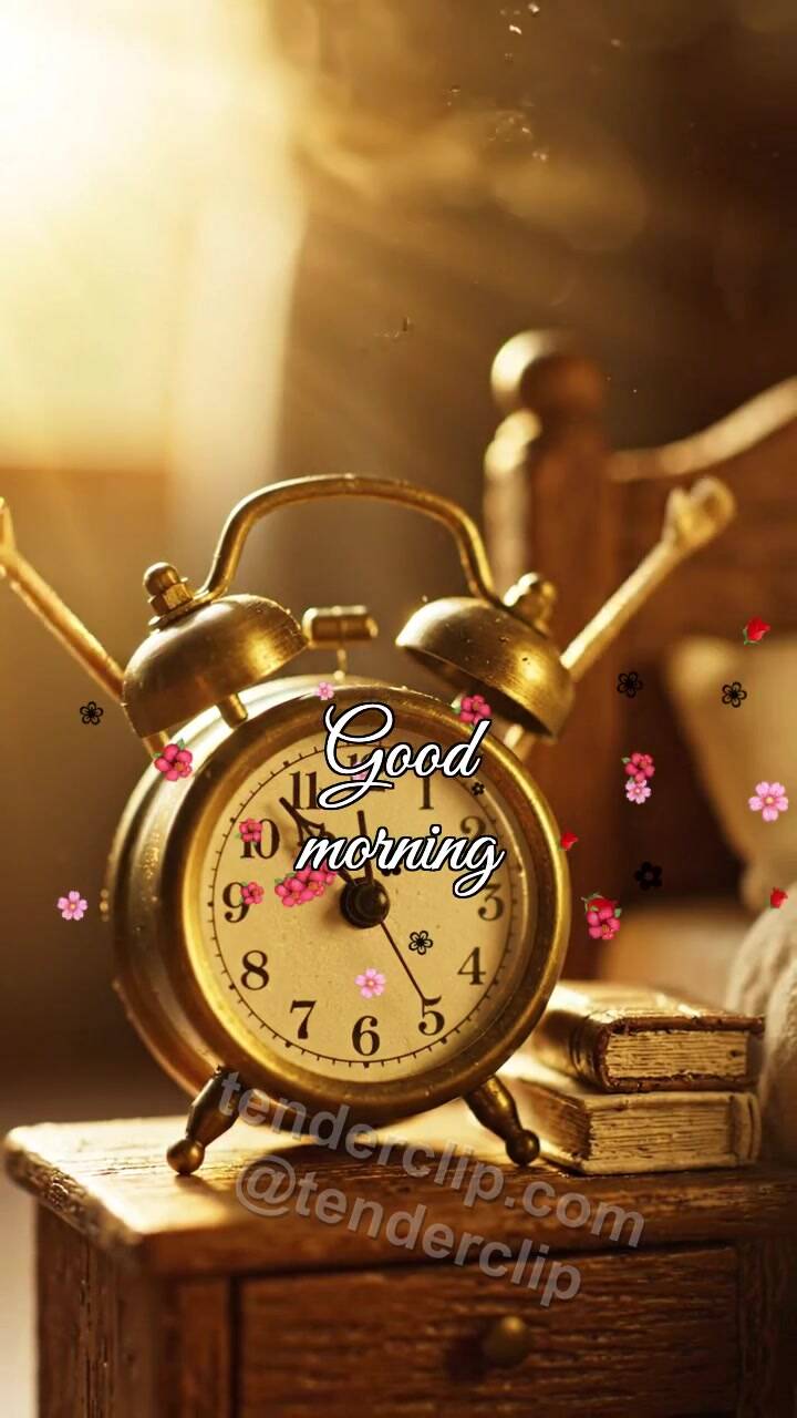 Animated greeting card about Good morning: alarm clock stretches its hands