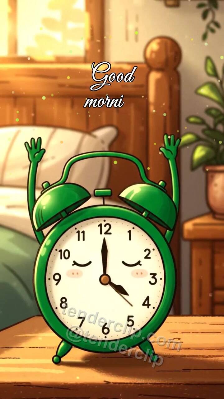 Animated greeting card about Good morning: alarm clock stretches its hands