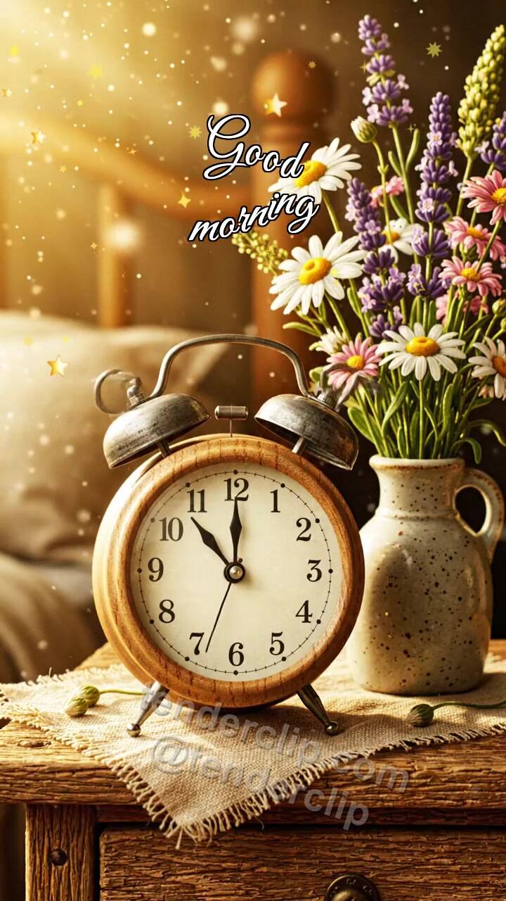 Animated greeting card about Good morning: alarm clock stretches its hands