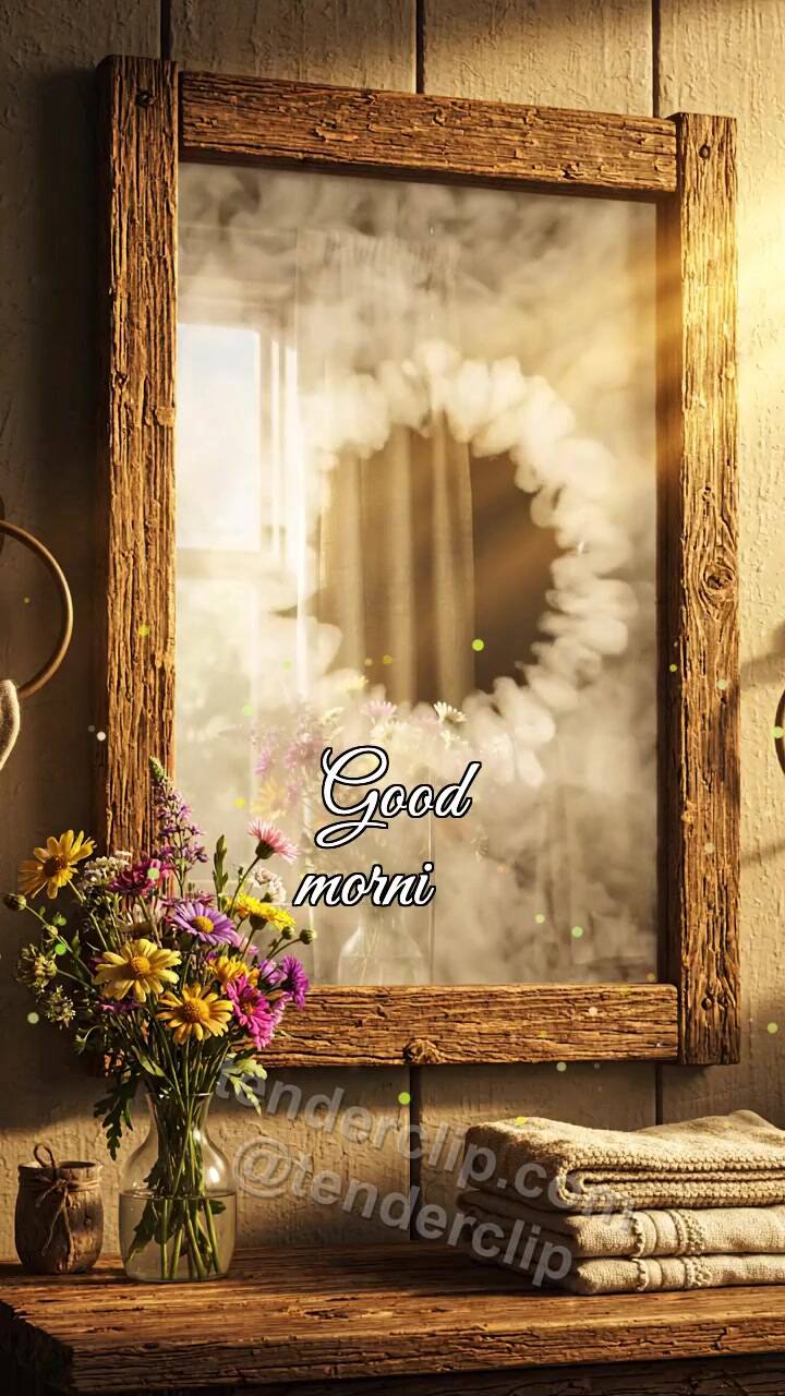 Animated greeting card about Good morning: mirror clears morning fog