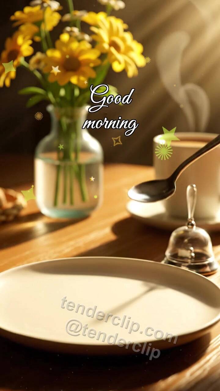 Animated greeting card about Good morning: teaspoon rings a breakfast bell