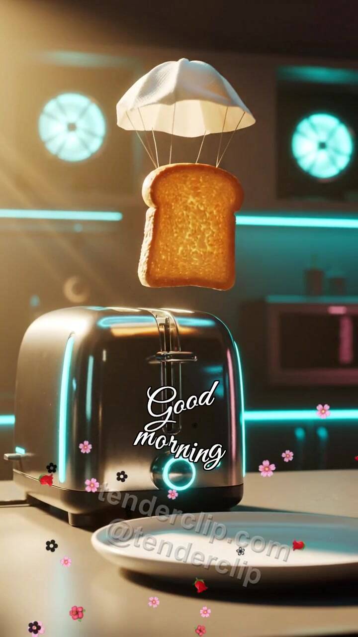 Animated greeting card about Good morning: toast parachutes to the plate