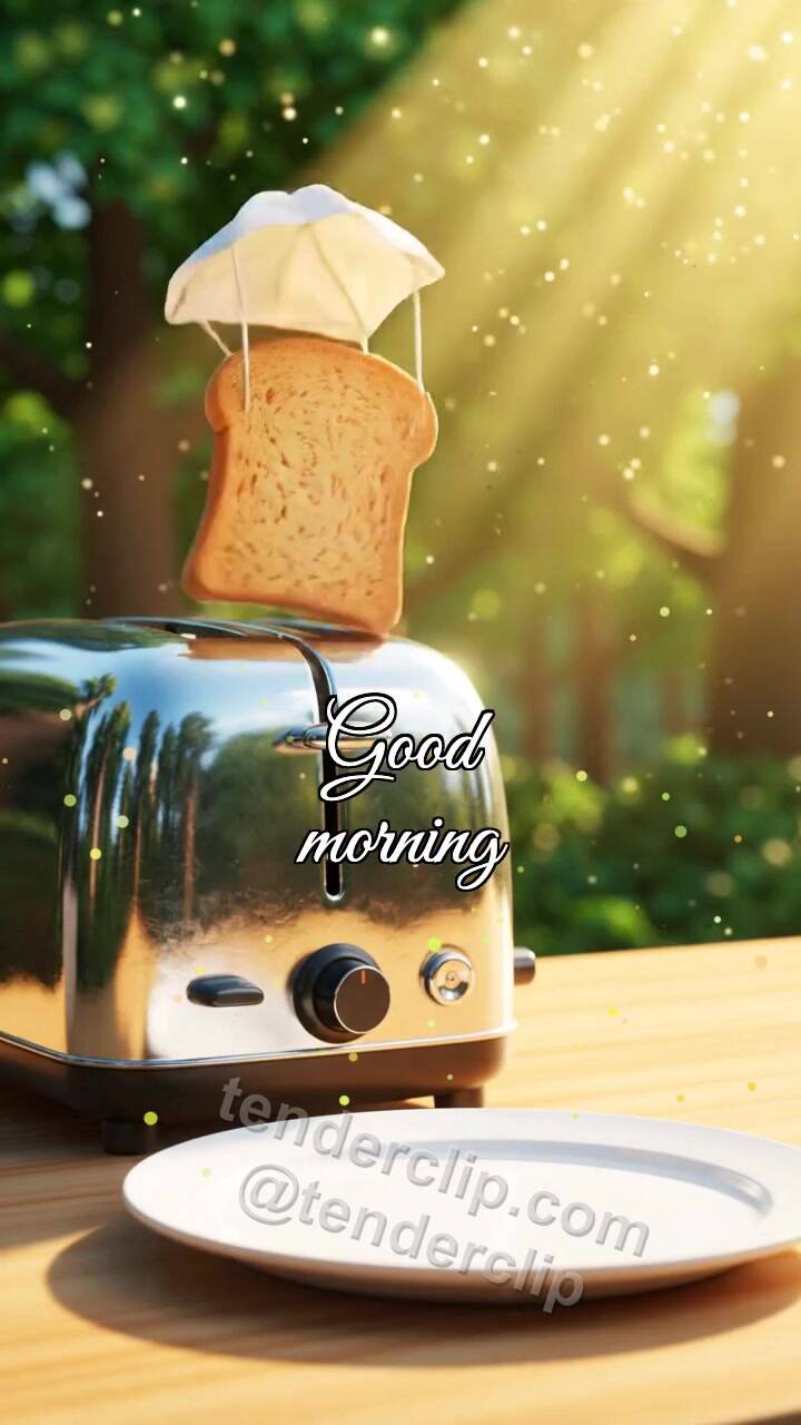 Animated greeting card about Good morning: toast parachutes to the plate