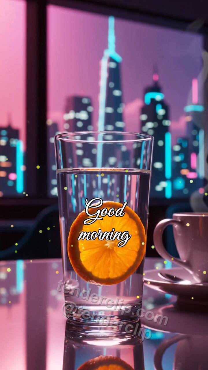 Animated greeting card about Good morning: orange slice rises in a glass