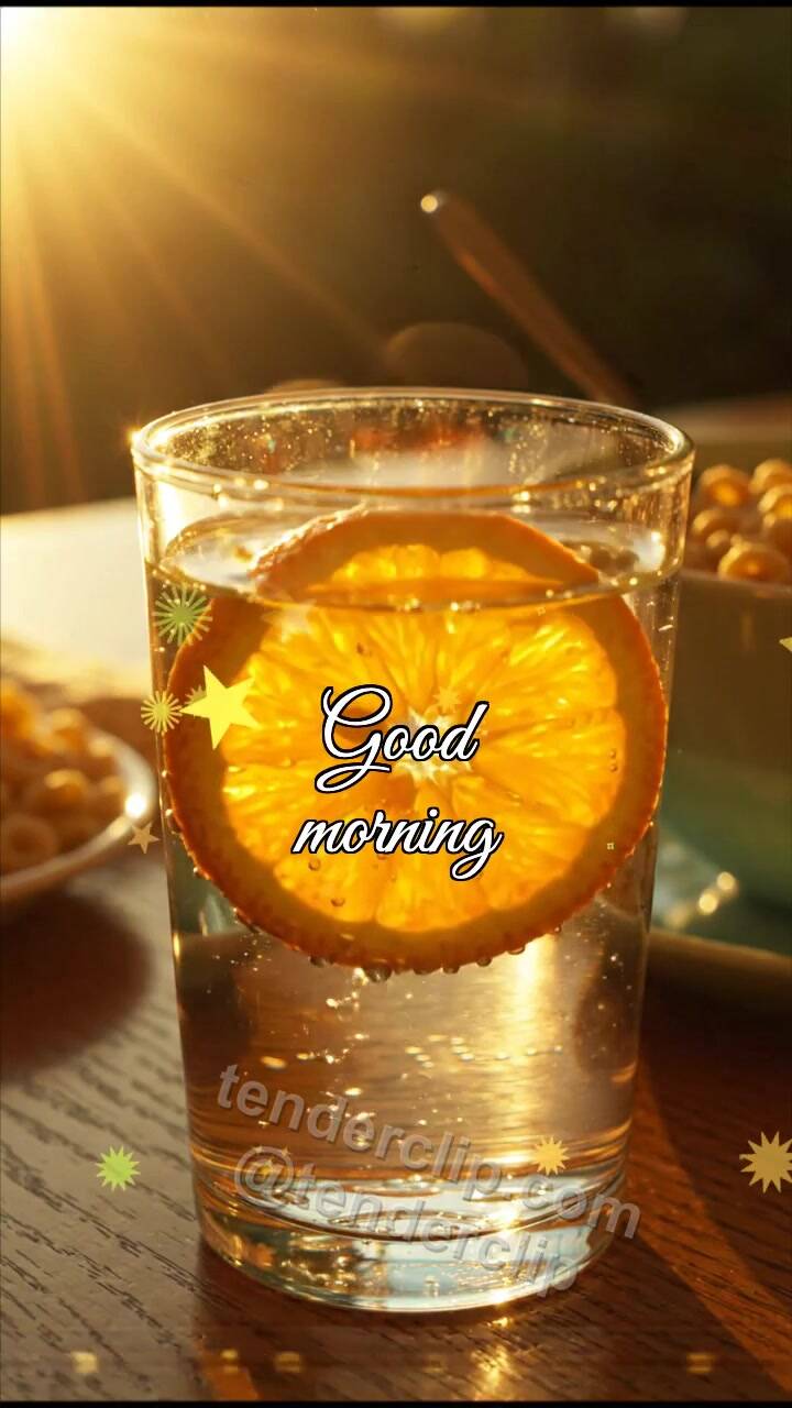 Animated greeting card about Good morning: orange slice rises in a glass