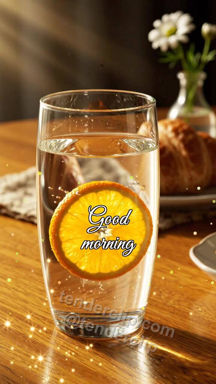 Animated greeting card about Good morning: orange slice rises in a glass
