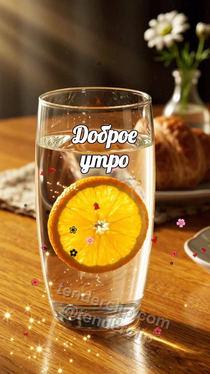 Анимационная открытка на тему Доброе утро: апельсин поднимается в стакане