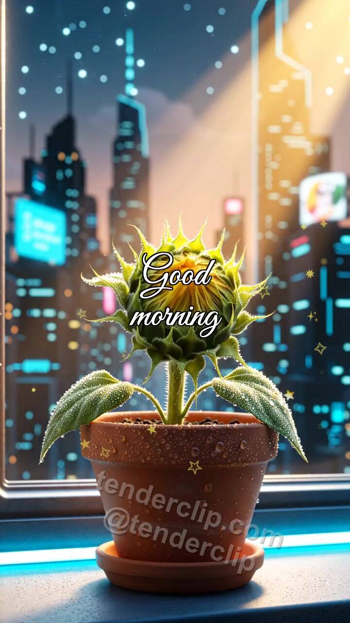 Animated greeting card about Good morning: sunflower stretches on the windowsill
