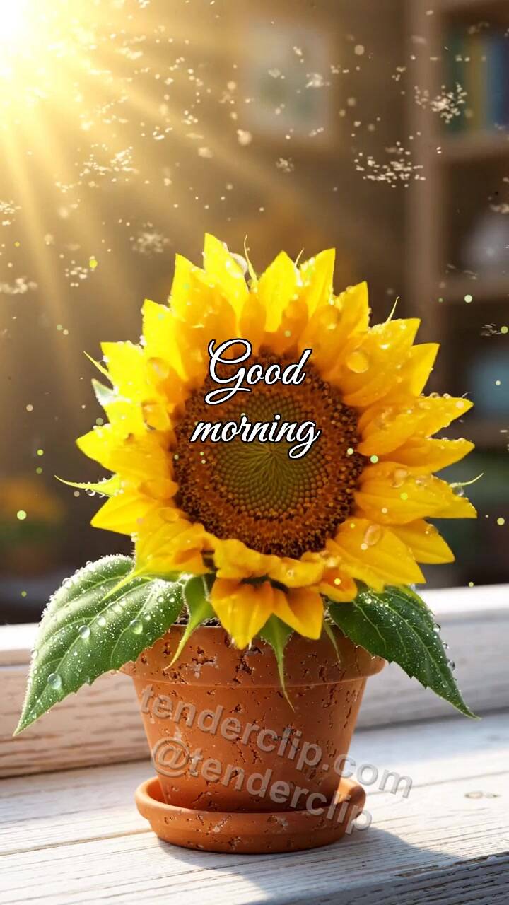 Animated greeting card about Good morning: sunflower stretches on the windowsill