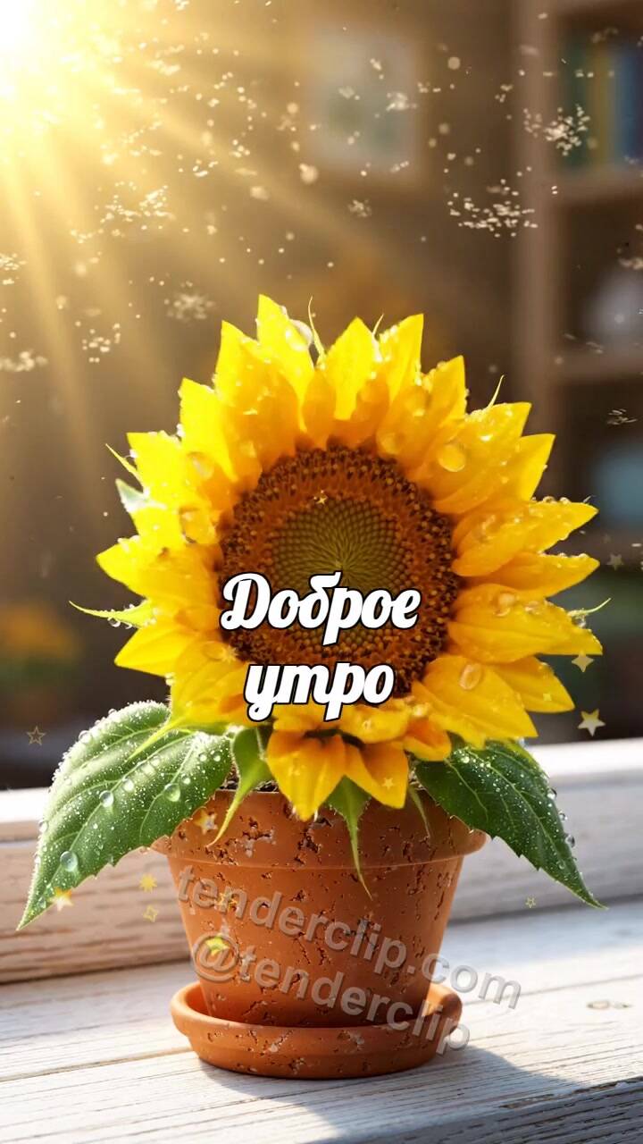Анимационная открытка на тему Доброе утро: подсолнух тянется к окну
