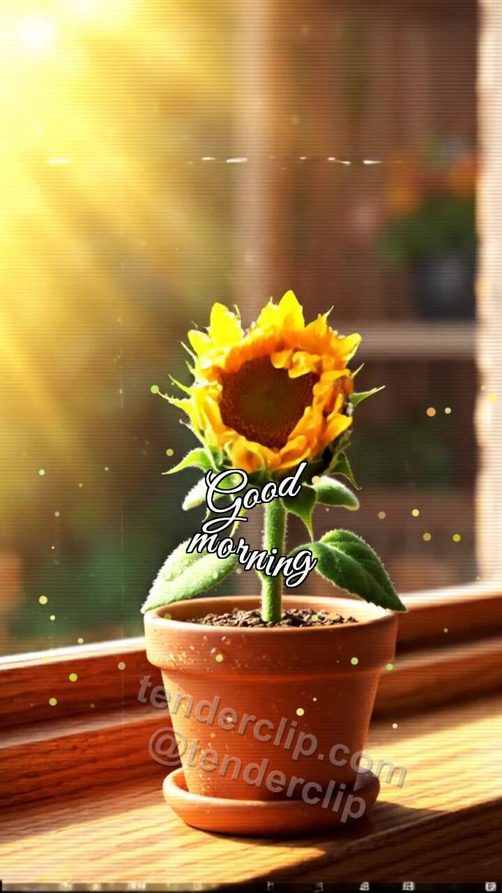 Animated greeting card about Good morning: sunflower stretches on the windowsill