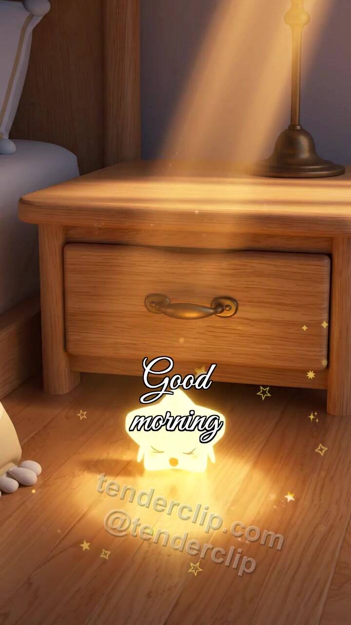 Animated greeting card about Good morning: sleepy star enters the drawer