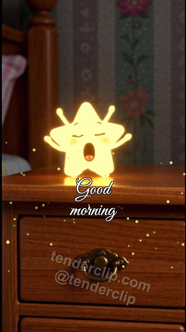 Animated greeting card about Good morning: sleepy star enters the drawer