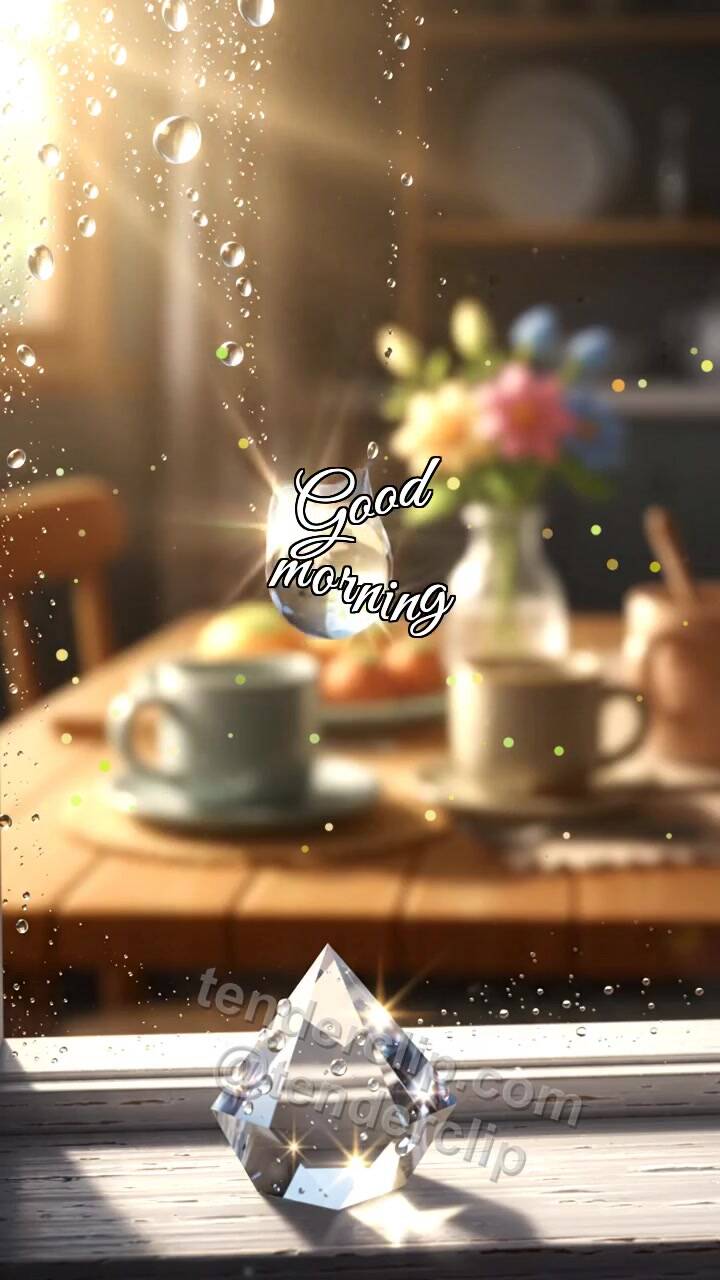 Animated greeting card about Good morning: dewdrop lights a window prism