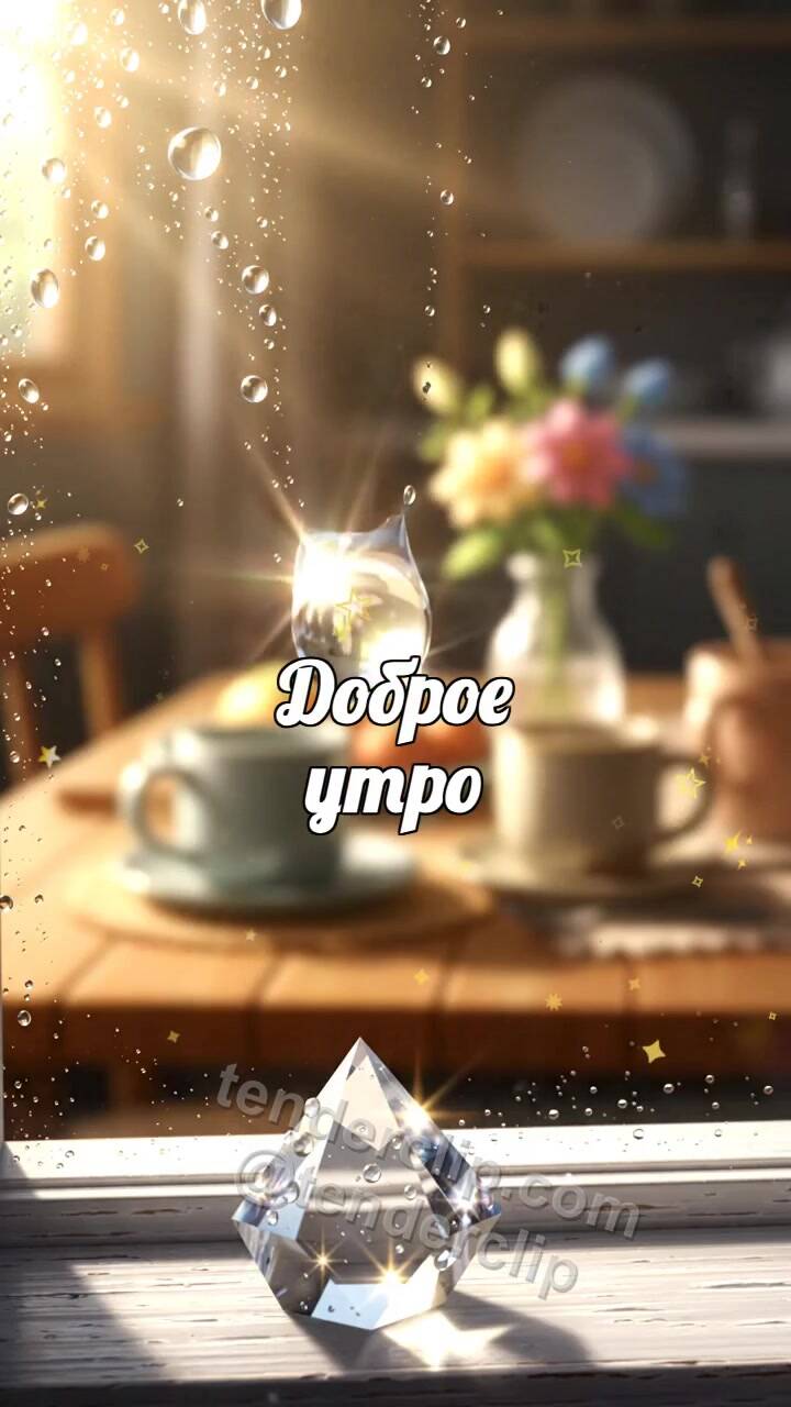 Анимационная открытка на тему Доброе утро: росинка зажигает радугу на окне