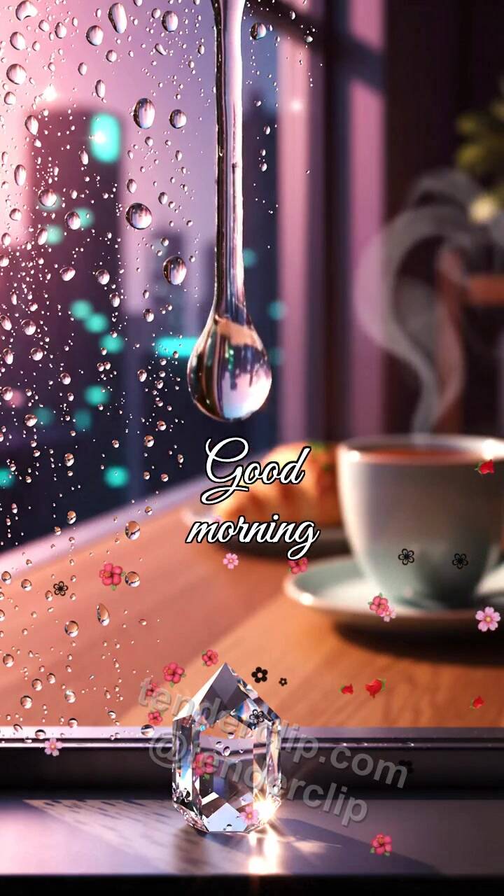 Animated greeting card about Good morning: dewdrop lights a window prism