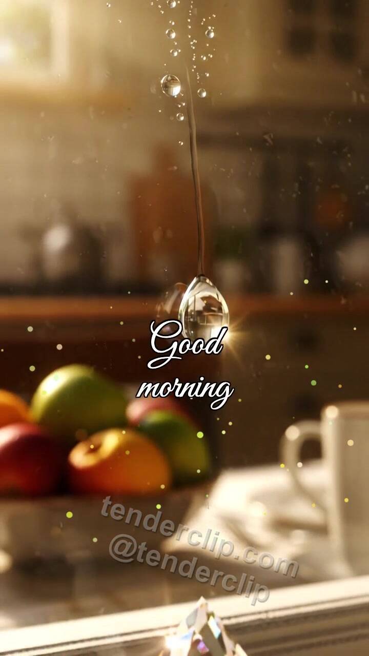Animated greeting card about Good morning: dewdrop lights a window prism