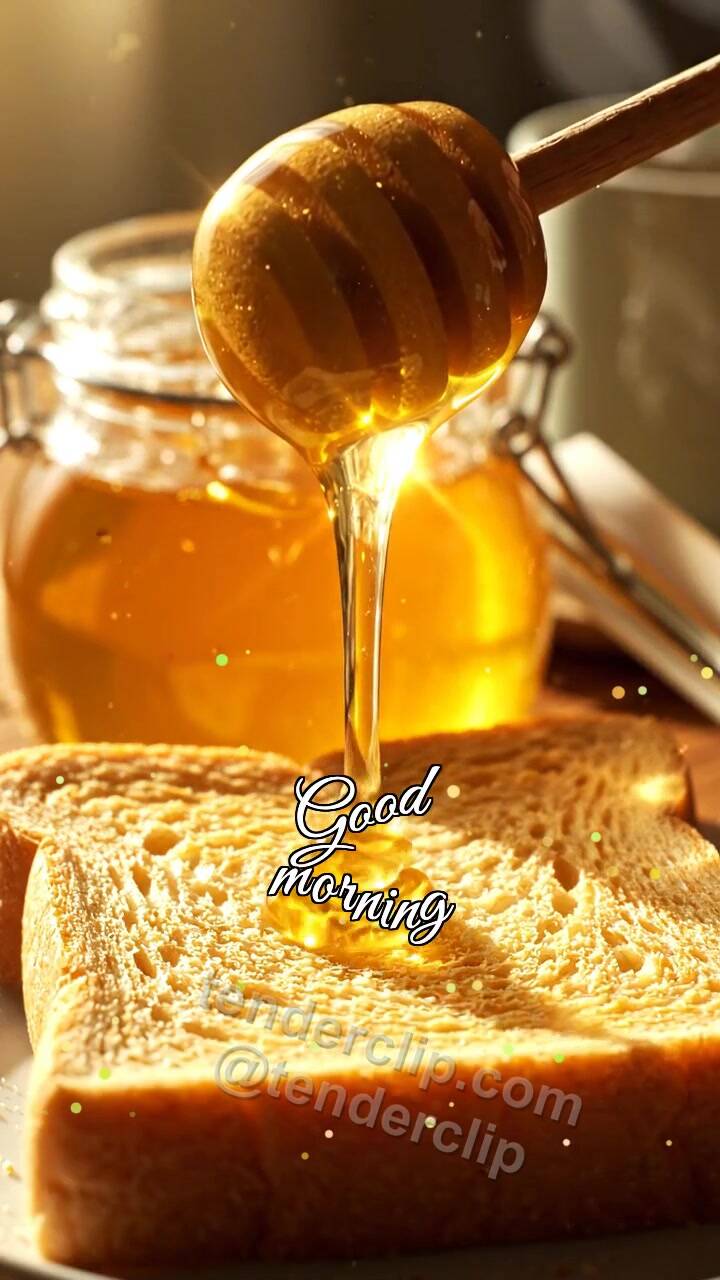 Animated greeting card about Good morning: honey drop lands on toast