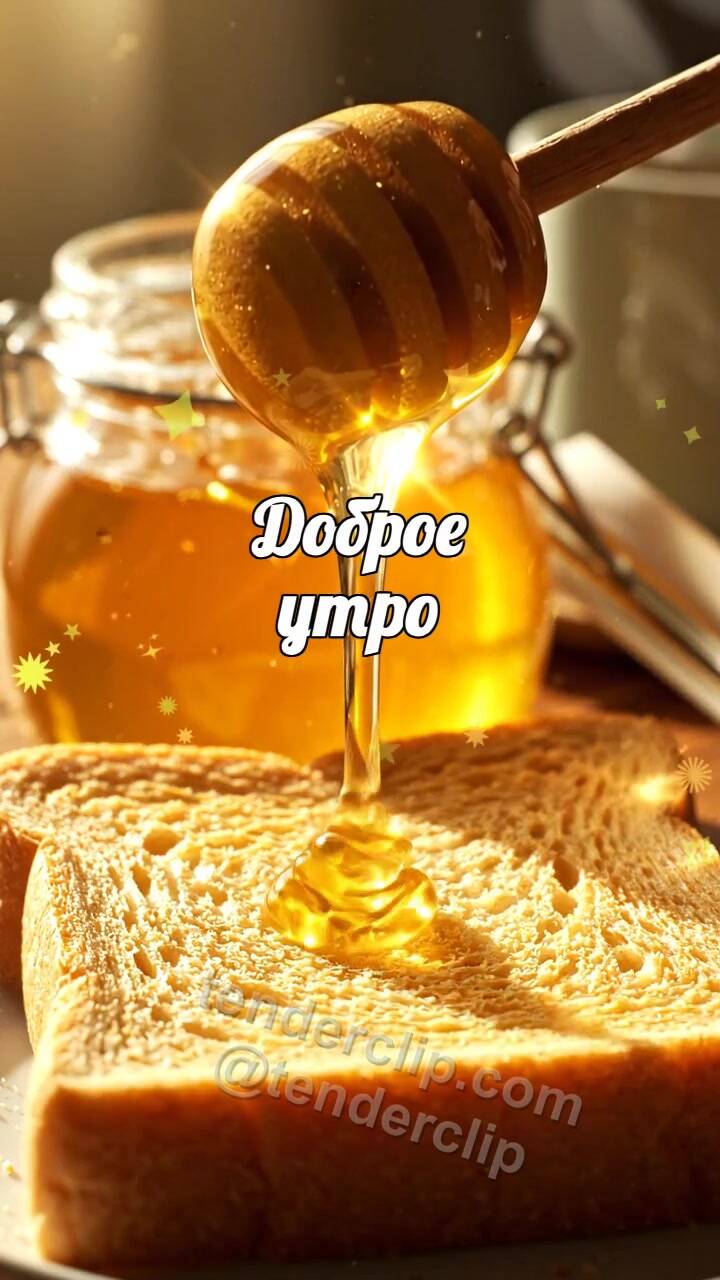 Анимационная открытка на тему Доброе утро: капля мёда ложится на тост