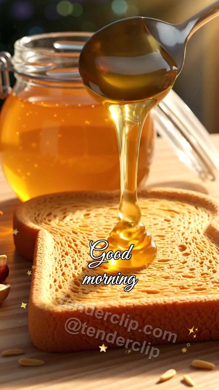 Animated greeting card about Good morning: honey drop lands on toast