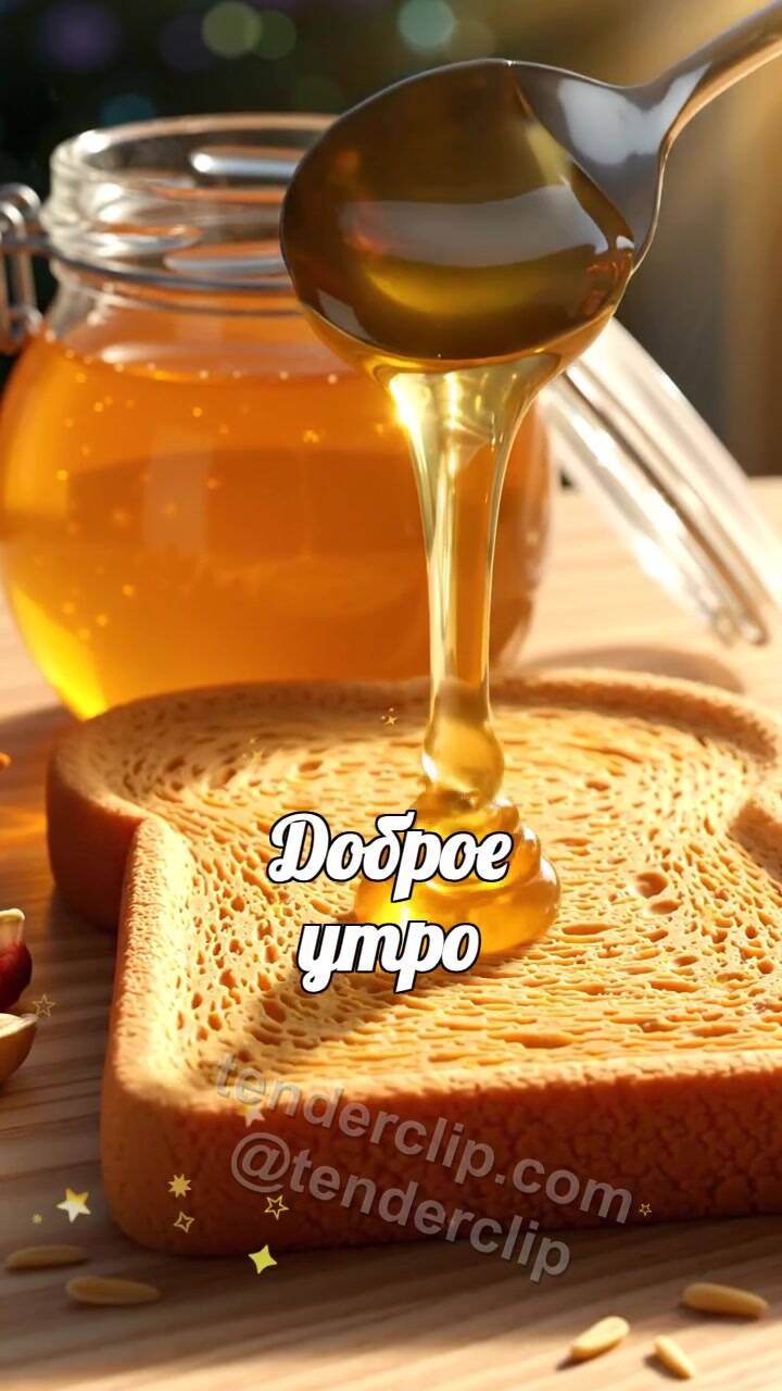 Анимационная открытка на тему Доброе утро: капля мёда ложится на тост