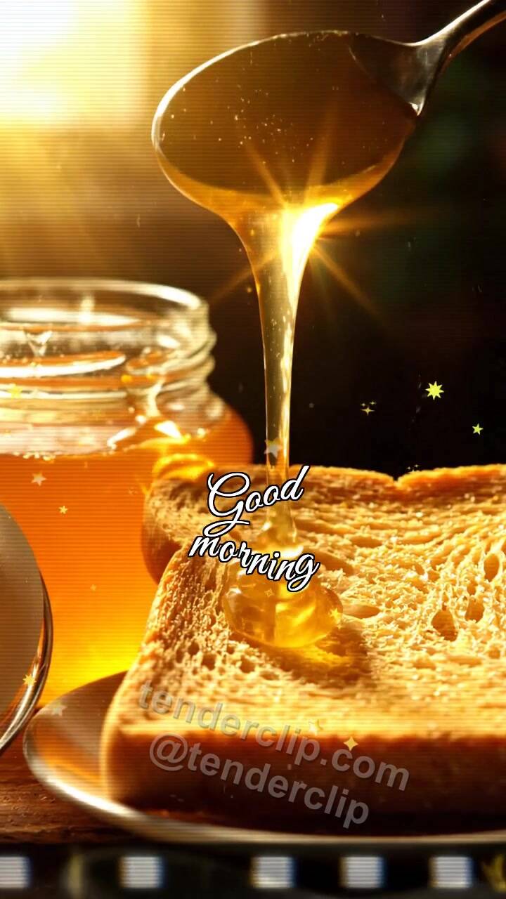 Animated greeting card about Good morning: honey drop lands on toast