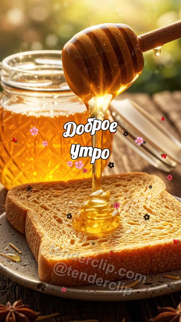 Анимационная открытка на тему Доброе утро: капля мёда ложится на тост