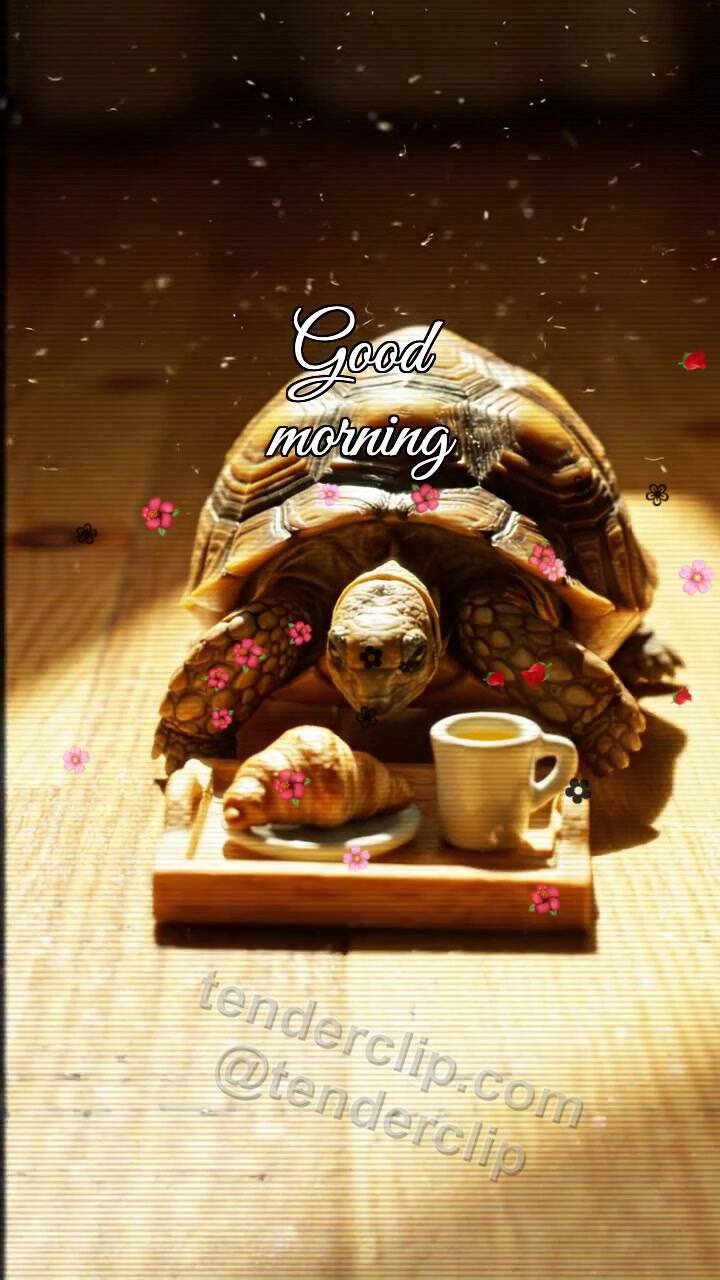 Animated greeting card about Good morning: turtle pushes breakfast tray