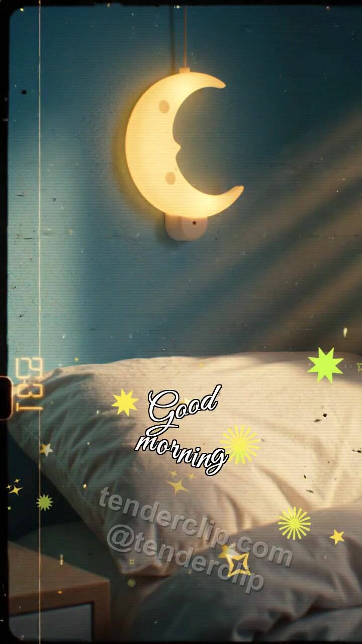 Animated greeting card about Good morning: moon nightlight turns off