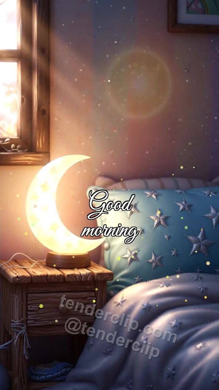 Animated greeting card about Good morning: moon nightlight turns off