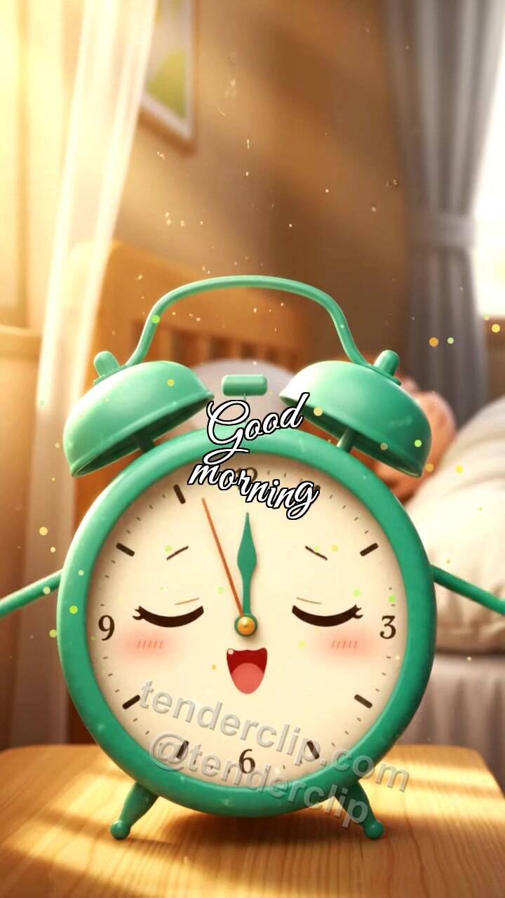 Animated greeting card about Good morning: alarm clock stretches its hands