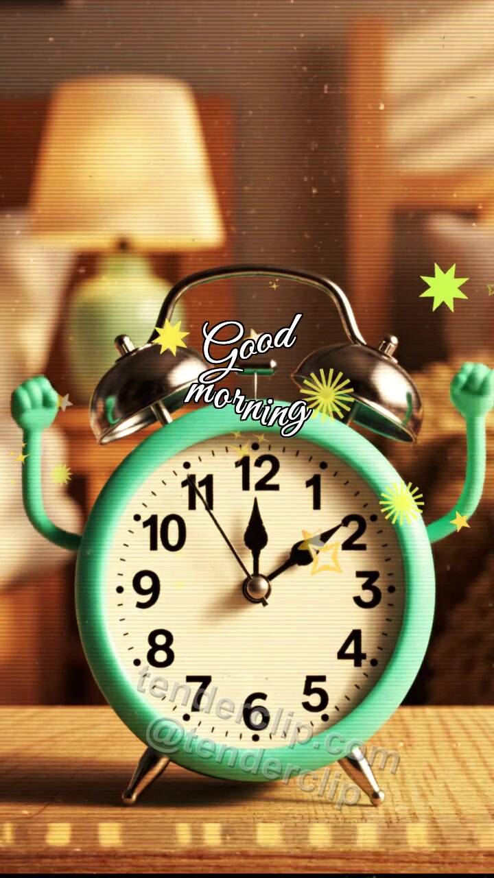 Animated greeting card about Good morning: alarm clock stretches its hands
