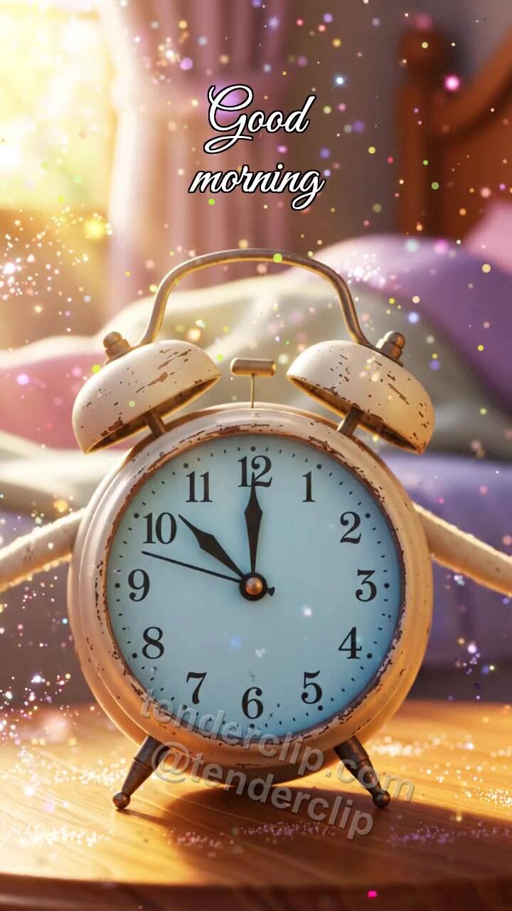 Animated greeting card about Good morning: alarm clock stretches its hands