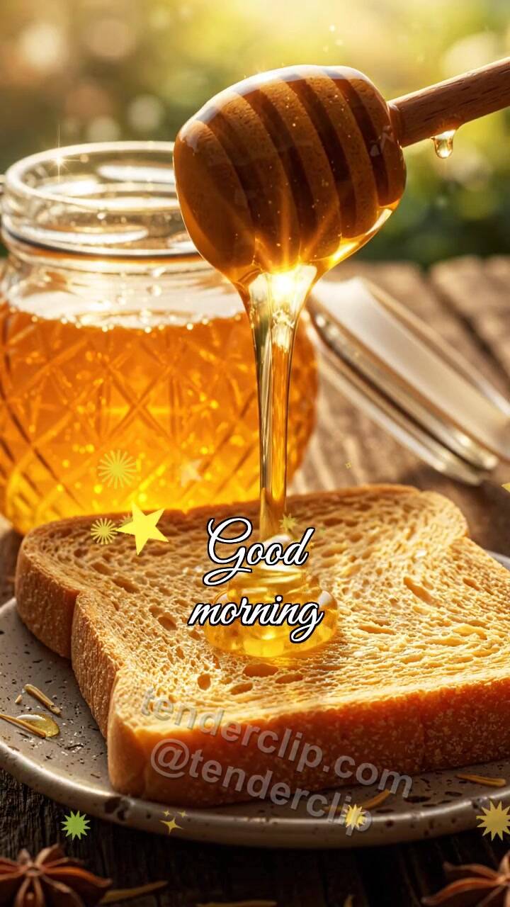 Animated greeting card about Good morning: honey drop lands on toast