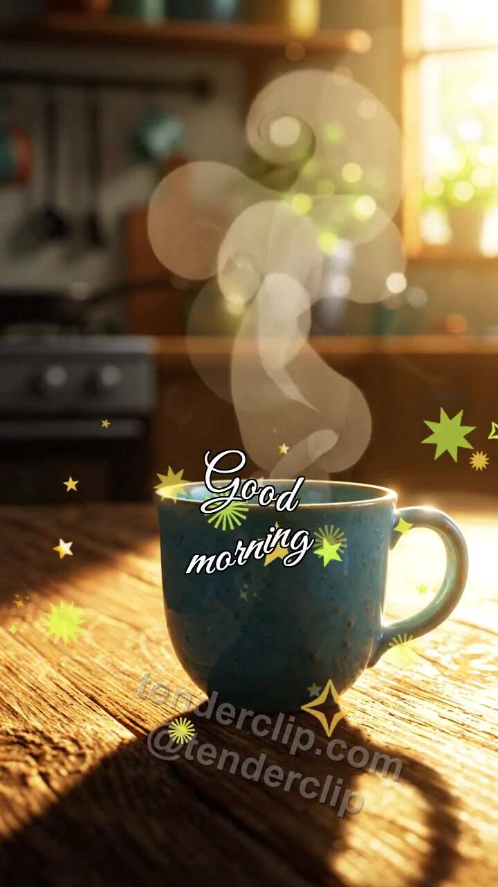 Animated greeting card about Good morning: cup slides to a sleepy window