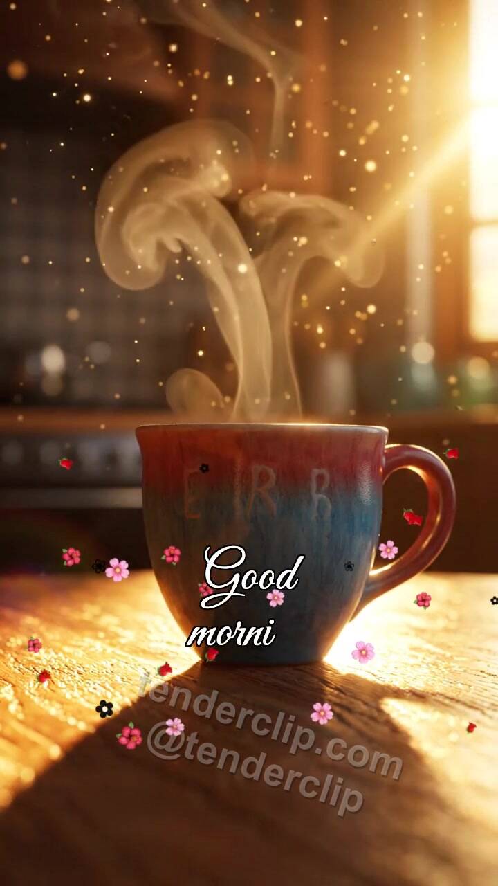 Animated greeting card about Good morning: cup slides to a sleepy window