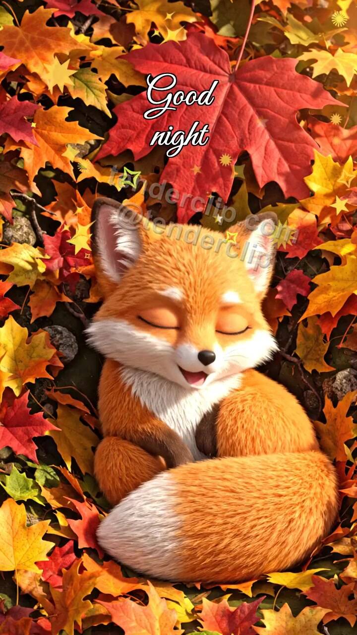Animated greeting card about Good night: Fox Under Leaves