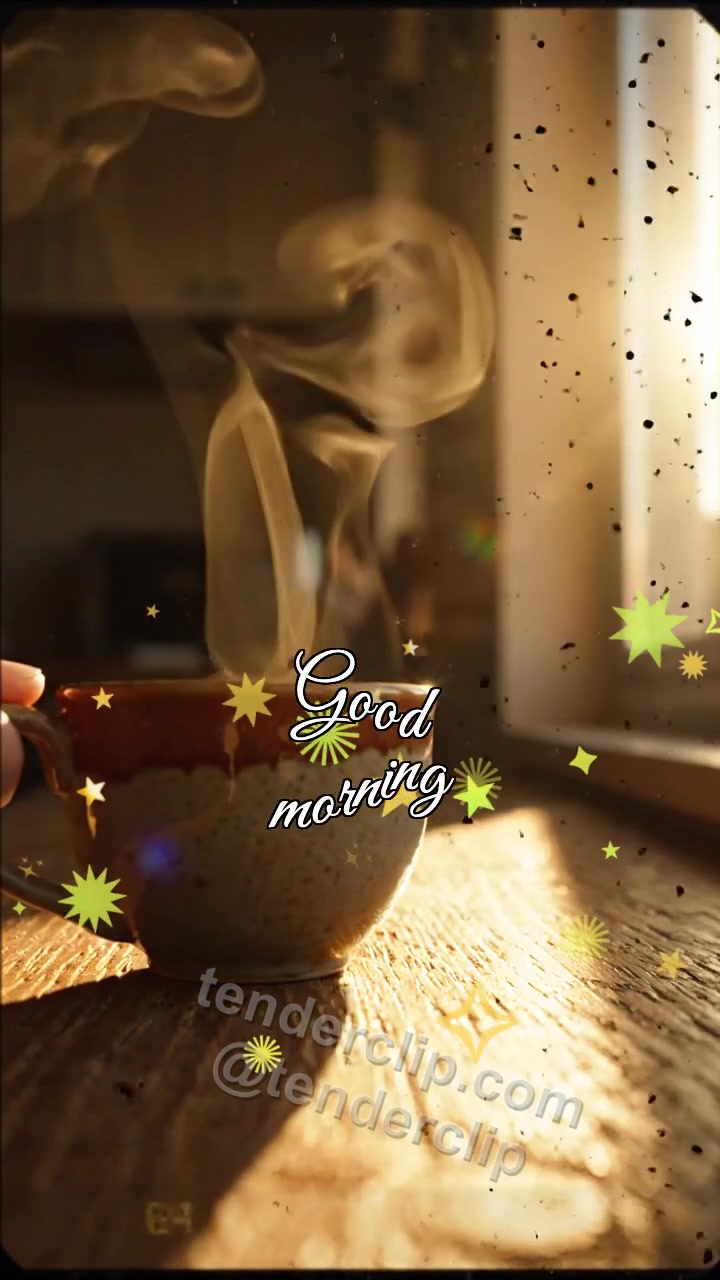 Animated greeting card about Good morning: cup slides to a sleepy window