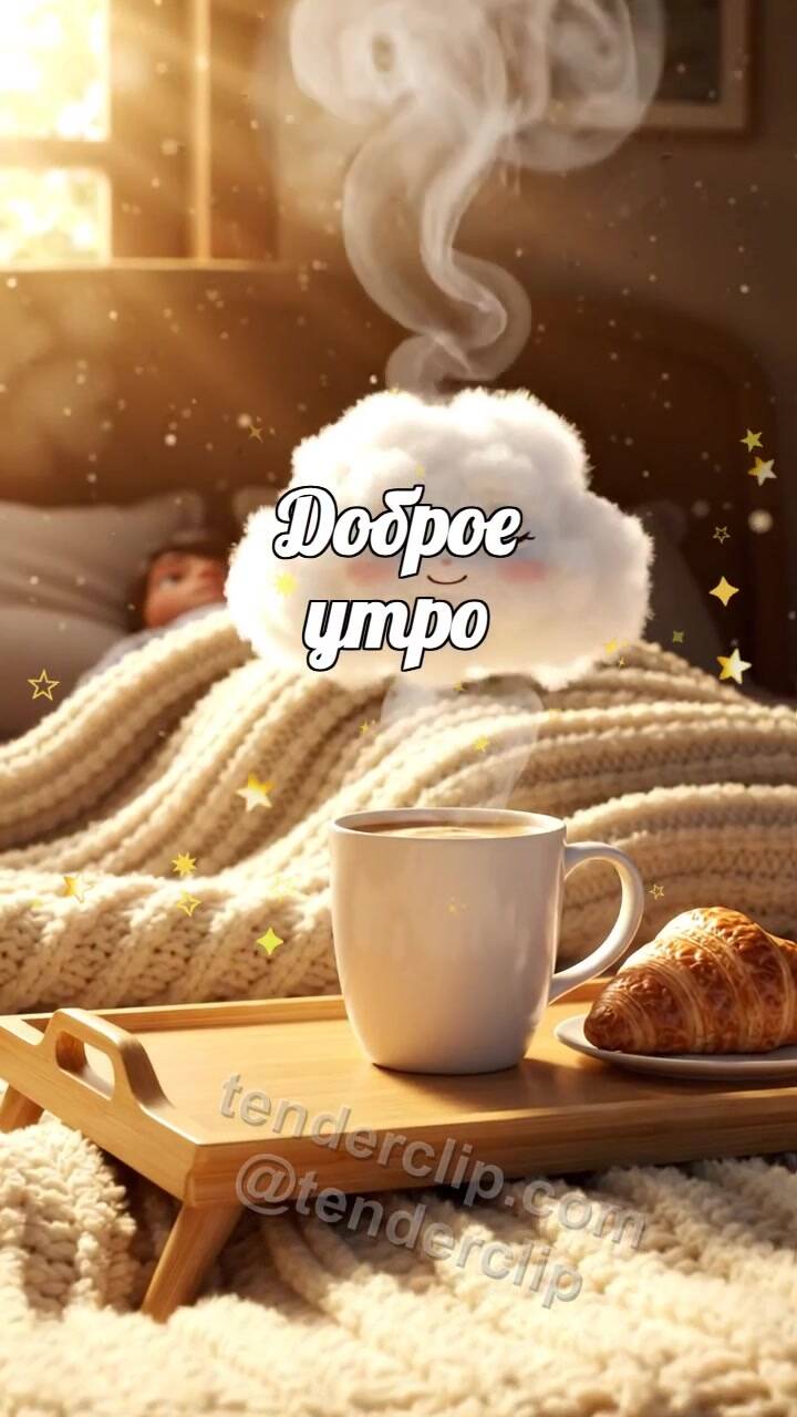 Анимационная открытка на тему Доброе утро: Кофе под одеялом