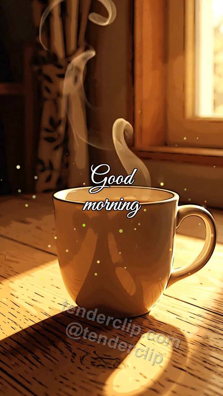 Animated greeting card about Good morning: cup slides to a sleepy window