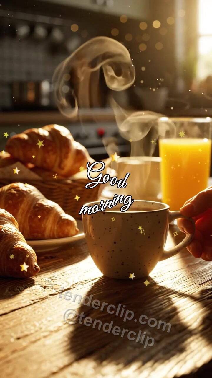 Animated greeting card about Good morning: cup slides to a sleepy window