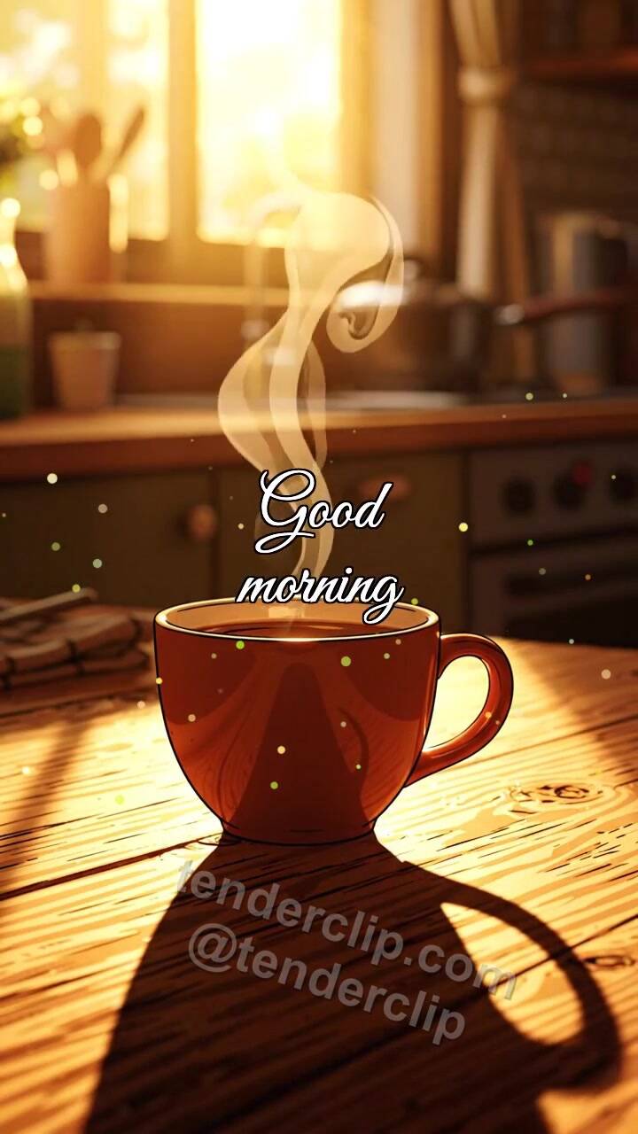 Animated greeting card about Good morning: cup slides to a sleepy window