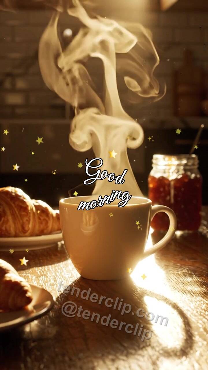 Animated greeting card about Good morning: cup slides to a sleepy window