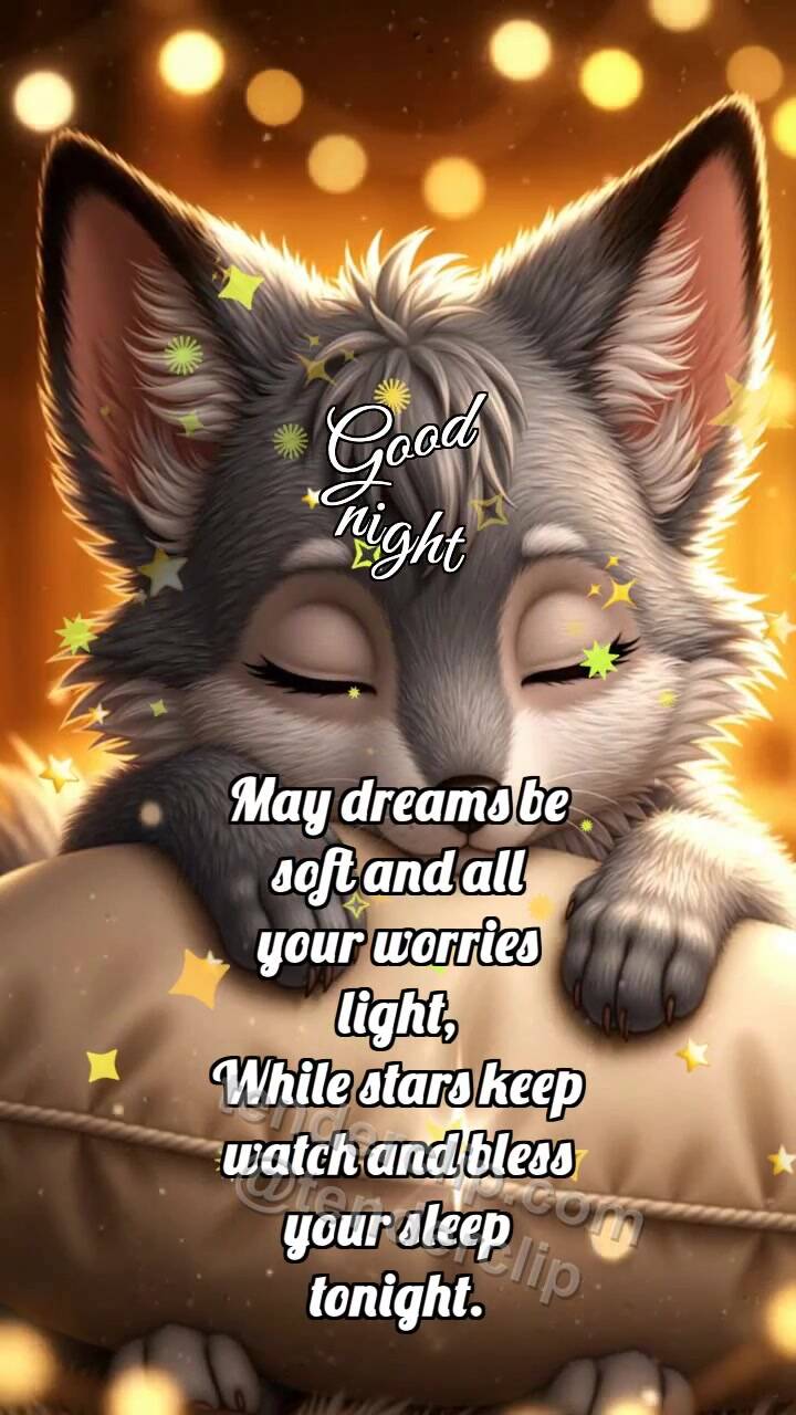 Animated greeting card about Good night: Fox Cub Hugs Pillow