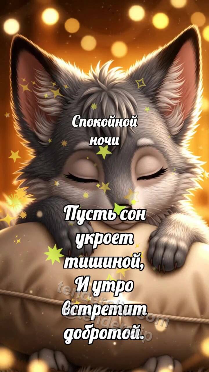 Анимационная открытка на тему Спокойной ночи: Лисёнок обнимает подушку