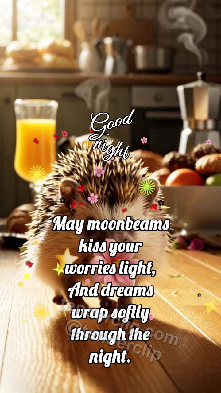 Animated greeting card about Good night: Hedgehog Carries Flower