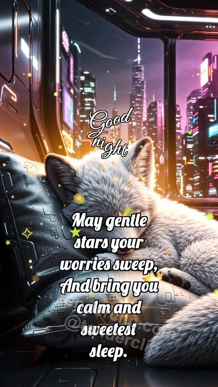 Animated greeting card about Good night: Fox Cub Hugs Pillow