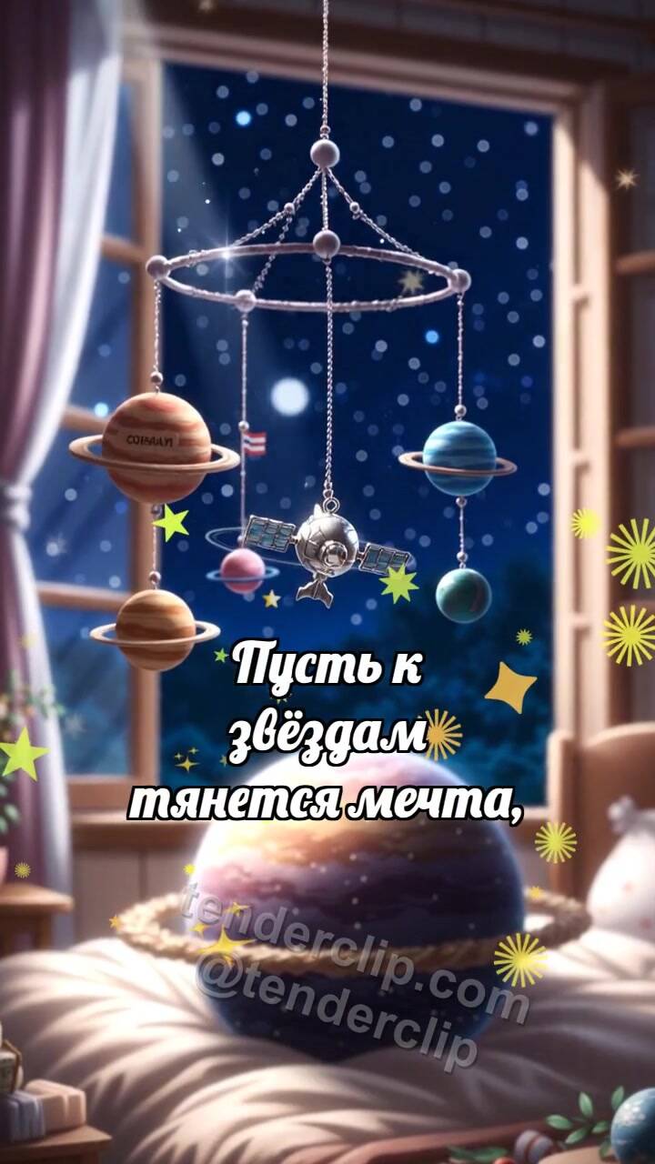 Анимационная открытка на тему С днём космонавтики: Планета качает спутник
